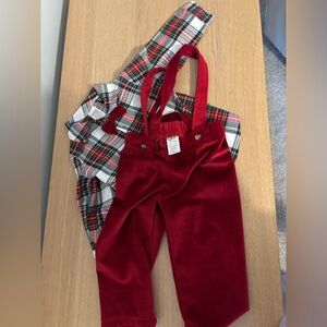 BADGLEY MISCHKA Red Velvet Overalls with Plaid Shirt 12-18 months